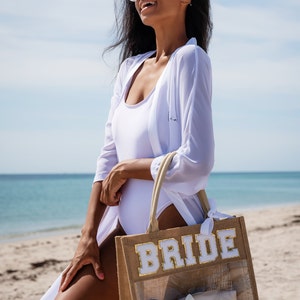 Custom Bride transparent tote bag, Bride to be beach bag, bride honeymoon bag, bridesmaids gifts, bride gifts, beach tote bag, Bride patc image 2