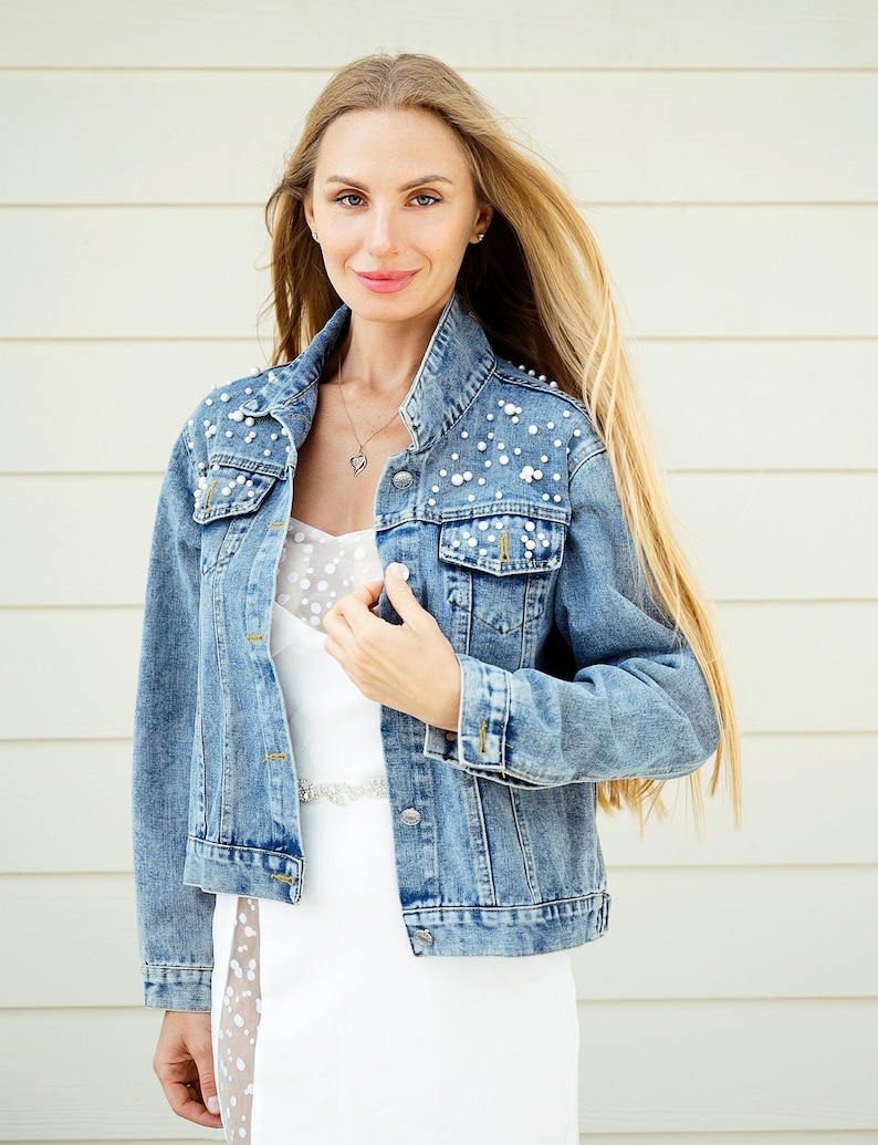 Wedding Bridal Denim Jacket, Bride Denim jacket with pearls, Mrs Custom Jean Jacket, Date under the collar jacket, Personalized jacket-autum image 3