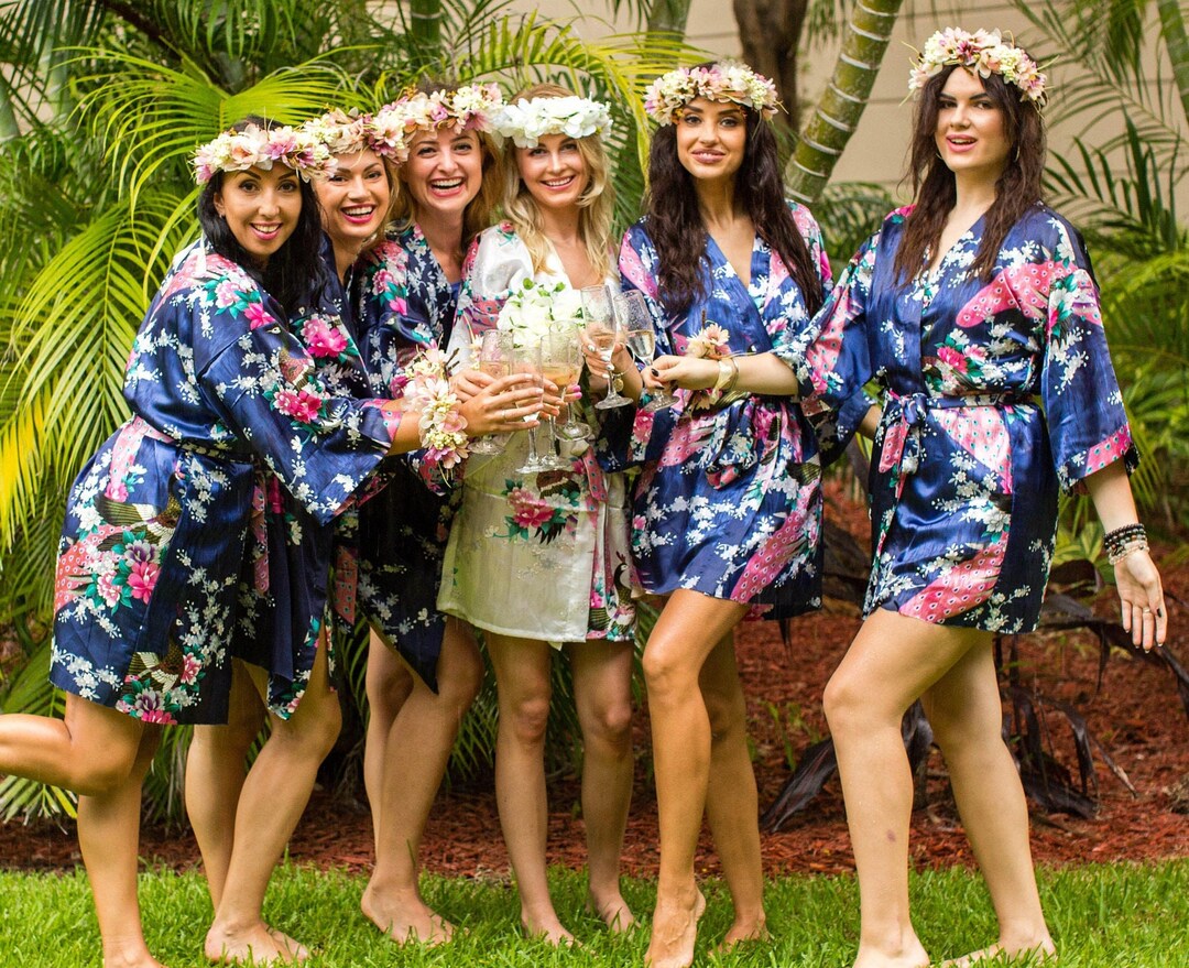 Set of 9 Bridesmaid Custom Robes, Flower Print Satin Robes