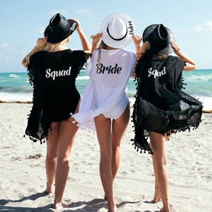 Bride Squad Swim Cover Ups with tassels, Bridesmaid gifts, Bridesmaid proposal, Beach Cover Ups, Customized cover ups - tassels