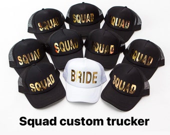 Bride and Squad Trucker Caps, Bridesmaid Caps, Bachelorette caps, Bachelorette gifts, Bridesmaid hats, Bride squad, Custom text trucker caps