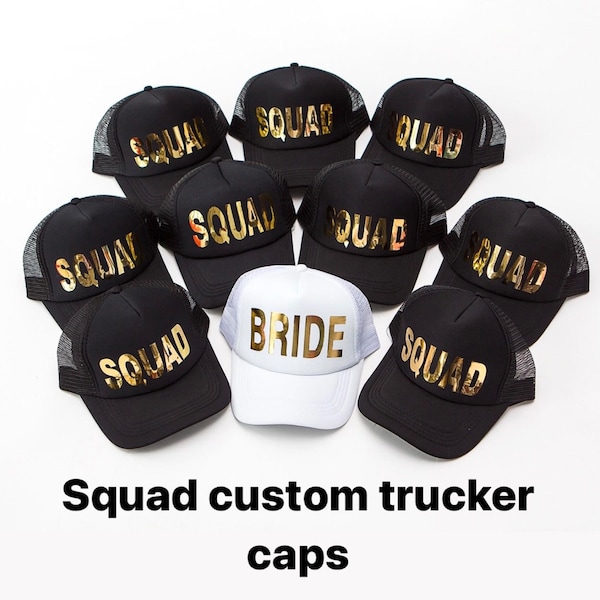 Bride and Squad Trucker Caps, Bridesmaid Caps, Bachelorette caps, Bachelorette gifts, Bridesmaid hats, Bride squad, Custom text trucker caps