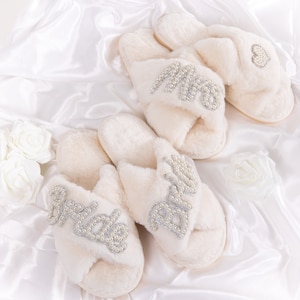 Custom Pearl Fluffy Slippers: Bride, Babe, or Mrs.