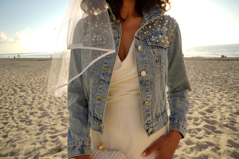 Wedding Bridal Denim Jacket, Bride Denim jacket with pearls, Mrs Custom Jean Jacket, Date under the collar jacket, Personalized jacket-autum image 4
