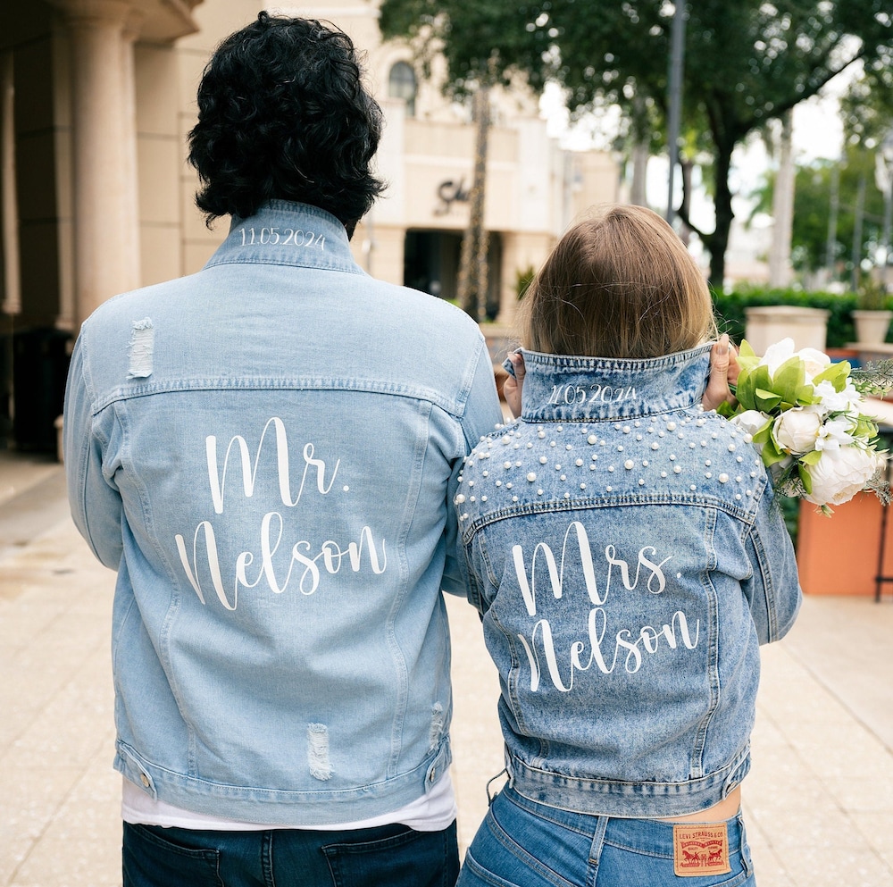 Wedding Jean Jackets For Groom And Bride, Mr And Mrs Denim Jackets, Dates Under The Collar, Pearls Denim Jacket For Bride-Hello Honey Pearls New Fashion