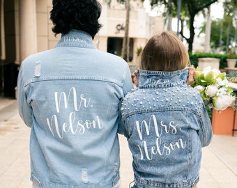 Wedding Jean jackets for Groom and Bride, Mr and Mrs Denim Jackets, Dates under the collar, Pearls Denim jacket for Bride-hello honey pearls
