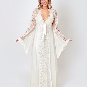 Getting ready robe, Bridal Lace Robe with night dress,  Maternity Long Lace Robe with silk night dress, Bridal gift set (33483/33471)