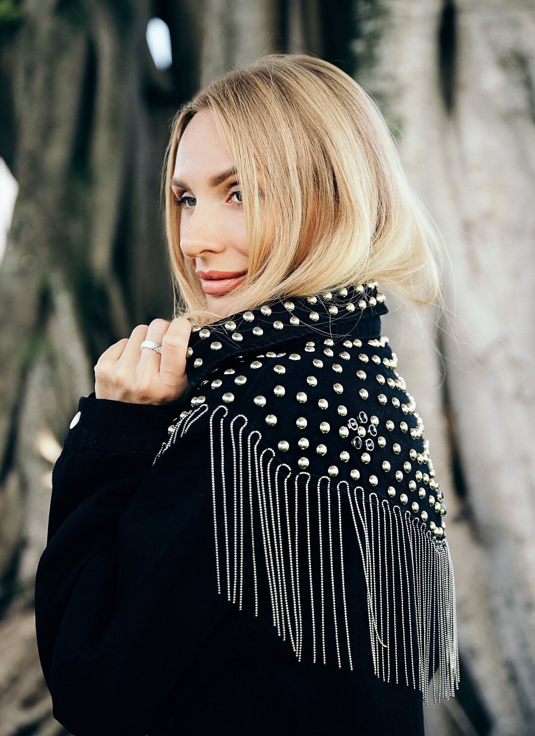 Black Jacket With Fringes, Wedding Bride Denim Jacket, Custom Black