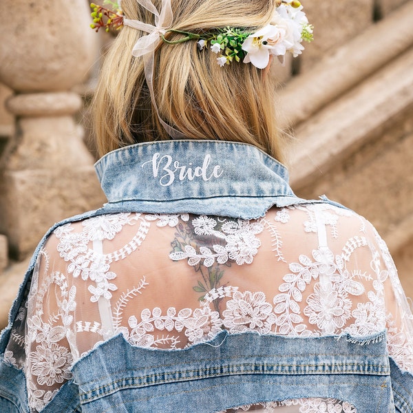 Boho Bridal Lace denim jacket for wedding, Custom Lace Denim jacket, Wedding Bridal jacket, Bride Lace Denim jacket, Bridal gift- lace