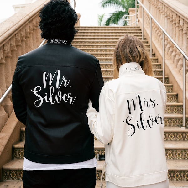 Mr and Mrs Leather Custom jackets, Just Married Faux Leather Jackets, Bride and Groom jackets, Wedding jackets, Wedding gift-hello honey