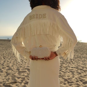 White Custom Bridal Jacket with Fringes, Wedding Customized Denim jacket, Pearls Jacket with fringes, Mrs. Denim Custom Jacket-fringes pearl image 4