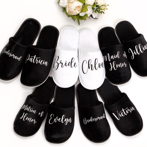 Black Spa Slippers with name and title, Bachelorette spa slippers, custom Bride slippers, custom names slippers, Bridesmaid slippers -Hello
