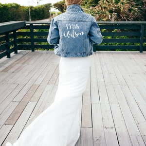Wedding Bridal Denim Jacket, Bride Denim jacket with pearls, Mrs Custom Jean Jacket, Date under the collar jacket, Personalized jacket-autum image 2