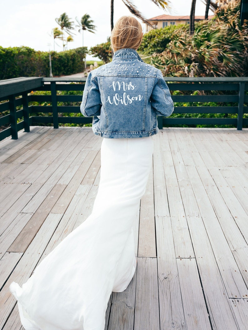 Wedding Bridal Denim Jacket, Bride Denim jacket with pearls, Mrs Custom Jean Jacket, Date under the collar jacket, Personalized jacket-autum image 2