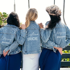 Bridesmaid Jean Jackets, Mrs Custom Jacket, Bridal Custom Denim Jacket with Pearls,  Bride to be Gift, Custom Wedding Denim Jackets- style2