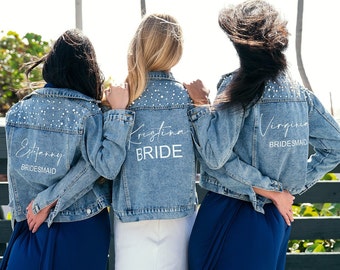 Bridesmaid Jean Jackets, Mrs Custom Jacket, Bridal Custom Denim Jacket with Pearls,  Bride to be Gift, Custom Wedding Denim Jackets- style2