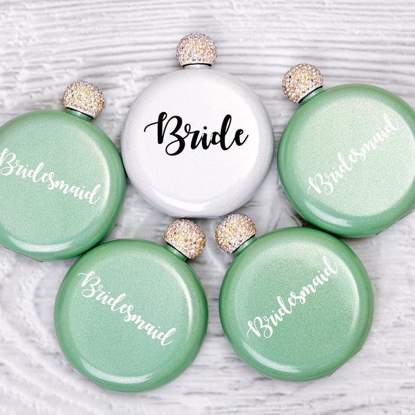 Personalized round flasks, Bridesmaids gifts, Bachelorette Party Gifts, rhinestone lid flasks, custom Bridesmaids gifts, Bride Squad flasks