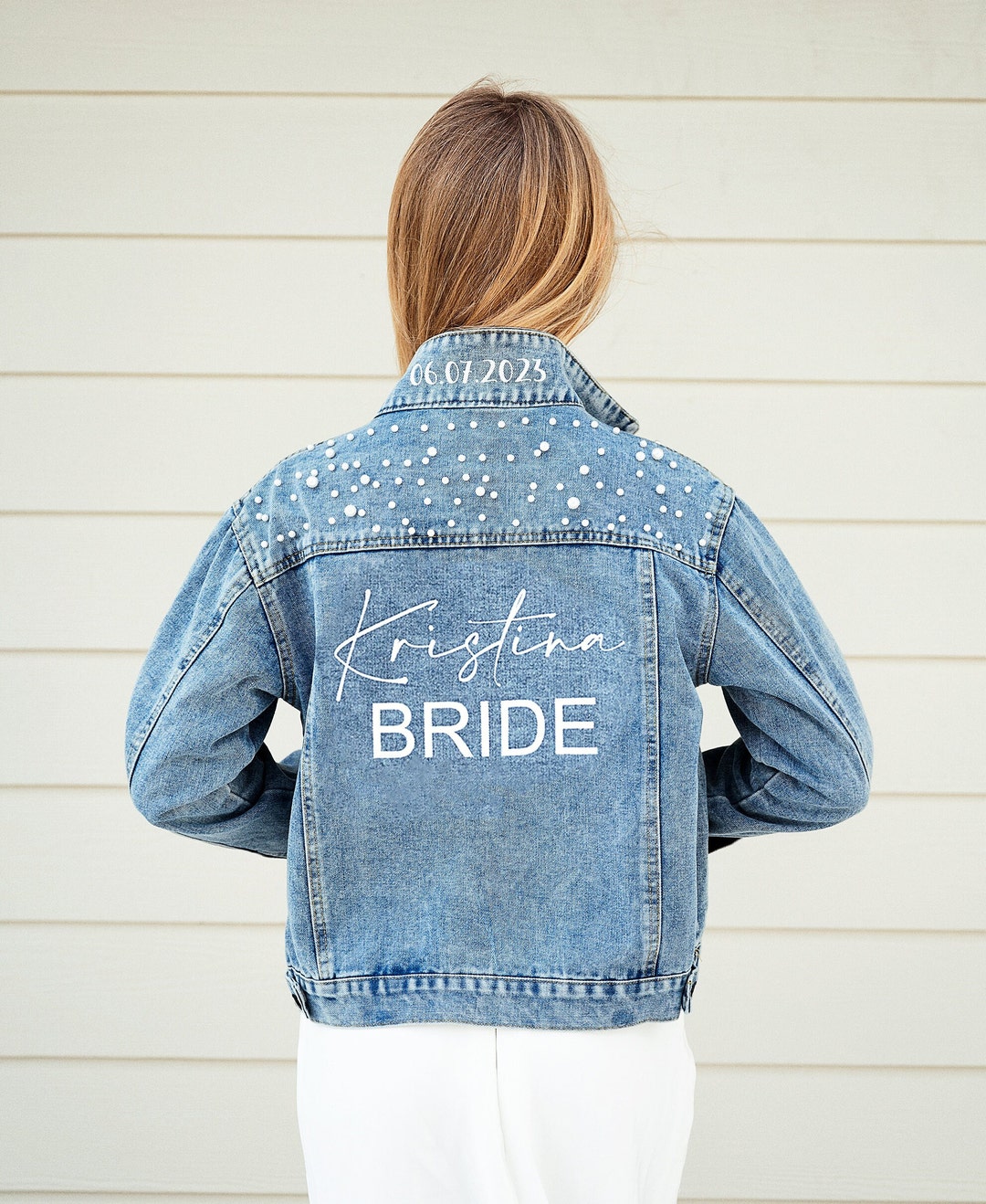 Mrs Custom Wedding Jacket, Bridal Custom Denim Jacket With Pearls