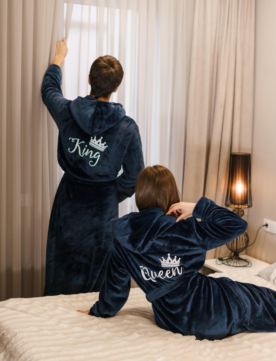 King and Queen Custom Hooded Long Bathrobes for Couple, Mr and Mrs