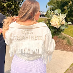 White Custom Bridal Jacket with Fringes, Wedding Customized Denim jacket, Pearls Jacket with fringes, Mrs. Denim Custom Jacket-fringes pearl image 3