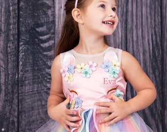 Einhorn Kleid nach Maß, Kleid für Mädchen, Einhorn Regenbogen Tutu Kleid, Regenbogen Tutu Kleid, Einhorn Geburtstag, Einhorn Party Kleid -st1