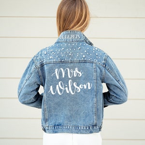 Wedding Bridal Denim Jacket, Bride Denim jacket with pearls, Mrs Custom Jean Jacket, Date under the collar jacket, Personalized jacket-autum image 6