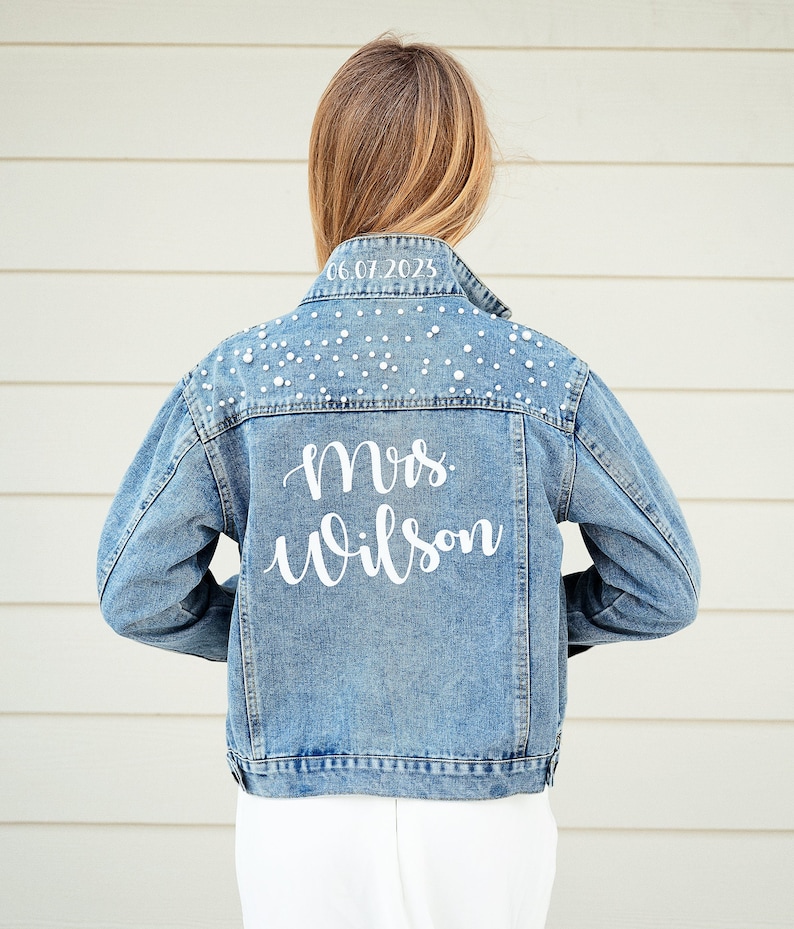 Wedding Bridal Denim Jacket, Bride Denim jacket with pearls, Mrs Custom Jean Jacket, Date under the collar jacket, Personalized jacket-autum image 6