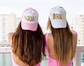 Bachelorette caps, Bridesmaid hats, Bride and Squad Trucker Caps, Bridesmaid Caps, Bachelorette gifts, Bride squad, Custom text trucker caps