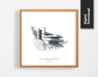 Fallingwater Architectural Sketch - Print Ready Poster - Modern Wallart - Frank Lloyd Wright