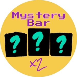 May include: A yellow circle with the text "Mystery Bar" in purple pixelated letters. Three black boxes with question marks in teal are stacked in a row. The text "x2" is written in purple below the boxes.