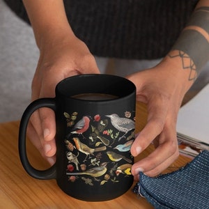 Birds Mug, Black Coffee Cup, Hot Cocoa Mug, Nature Lover Gift, Nature Mug, Coffee Mug, Vintage Birds, Ceramic Coffee Cup, Large Coffee Mug