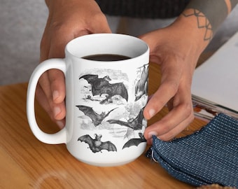Bat Mug, Bats Mug, Nature Lover Gift, Gothic Mug, Ceramic Mug, Dark Cottagecore Decor, Large Coffee Cup, Vintage Bats, Mug For Coffee