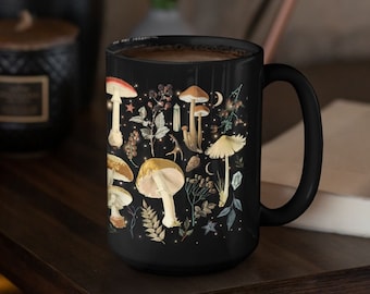 Magic Mushroom Mug, Black Coffee Cup, Fungi Forest Mug, Nature Lover Gift, Celestial Mug, Mushroom Gifts,Ceramic Coffee Cup,Large Coffee Mug