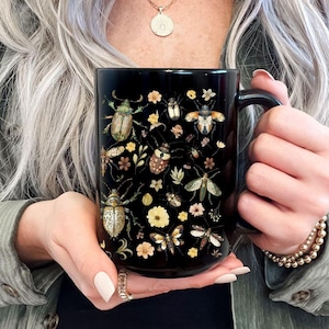 Floral Insect Mug, Black Coffee Cup, Hot Cocoa Mug, Insect Lover Gift, Insect Gifts, Gardener Mug, Coffee Mug, Insect Mug, Large Coffee Mug