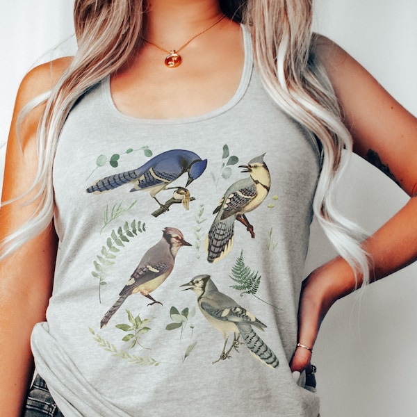 Blue Bird Tank Top, Floral Tank, Cute Bird Tank Top, Cottagecore Tank Top, Birds Tank Top, Aesthetic Top, Blue Bird Shirt, Camping Shirt