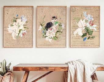 May include: Three framed prints with a vintage aesthetic. Each print features a white floral design with a cat in the center of the middle print. The text on the prints reads "The first time I saw you, I knew I was in trouble."