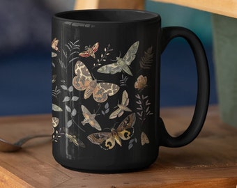 Moth Mug, Black Coffee Cup, Hot Cocoa Mug, Nature Lover Gift, Cottagecore Mug, Coffee Mug, Moth Gifts, Ceramic Coffee Cup, Large Coffee Mug