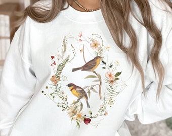 Floral Bird Sweatshirt, Bird Shirt, Cottagecore Sweatshirt, Nature Sweatshirt, Bird Nerd Sweater, Woodland Clothing, Naturecore, Birds Shirt