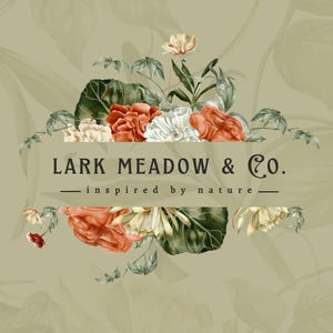 May include: A floral design featuring a rectangular banner with the text "Lark Meadow & Co." and "inspired by nature." The design includes watercolor-style flowers in shades of red, white, and yellow, with green leaves, set against a muted green background.