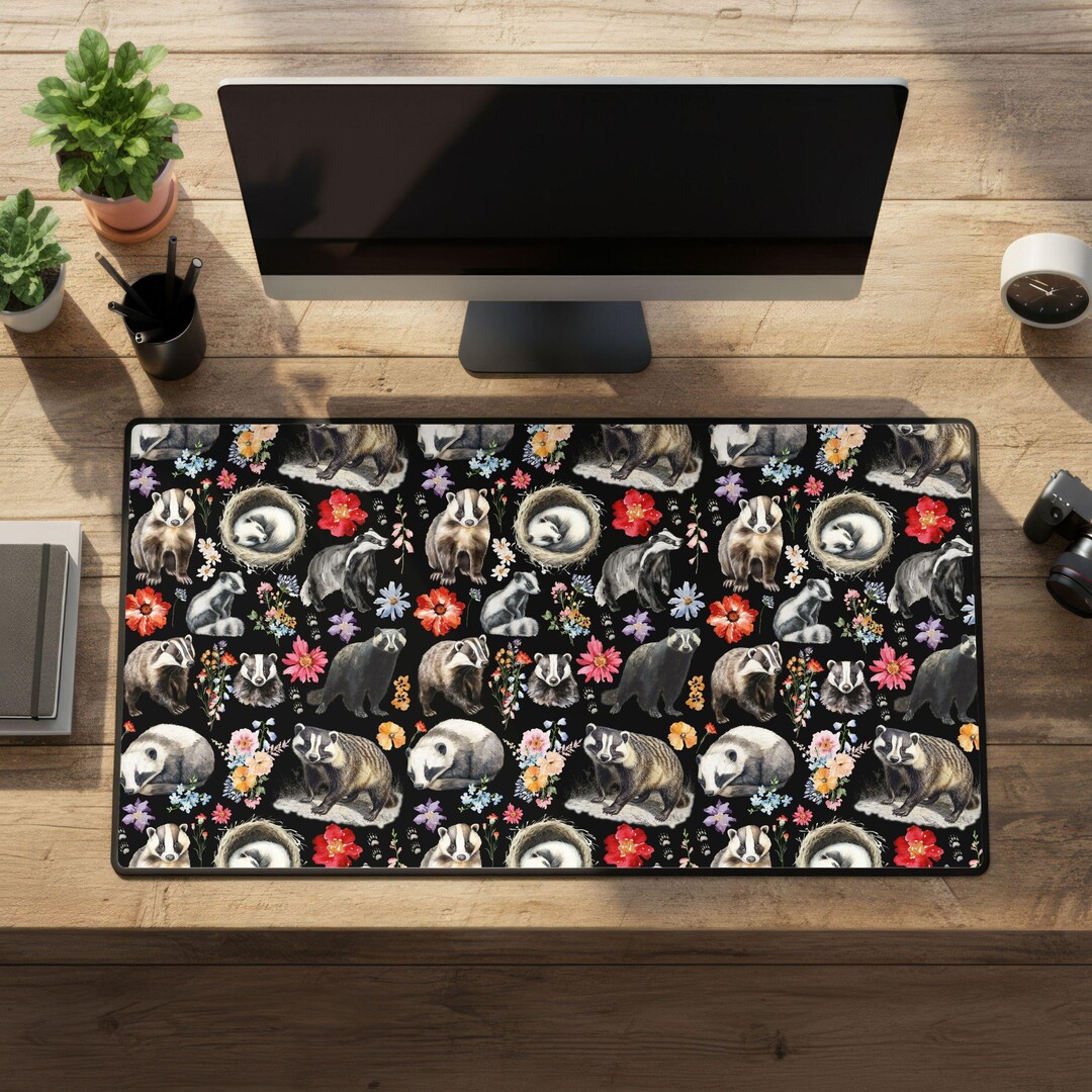 Badger Desk Mat, Floral Badgers Desk Mat, Woodland Animal Large Mouse ...