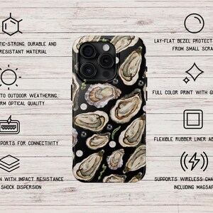 May include: A black phone case with a white and gray oyster shell pattern. The case is made of durable, impact-resistant material and has a lay-flat bezel to protect the screen from scratches. It also features a flexible rubber liner to absorb shock and supports wireless charging.