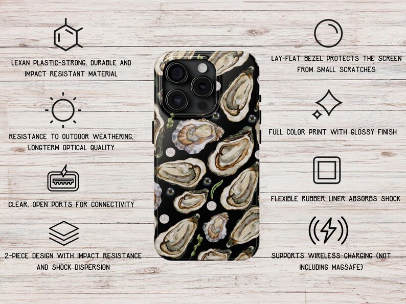 May include: A black phone case with a white and gray oyster shell pattern. The case is made of durable, impact-resistant material and has a lay-flat bezel to protect the screen from scratches. It also features a flexible rubber liner to absorb shock and supports wireless charging.
