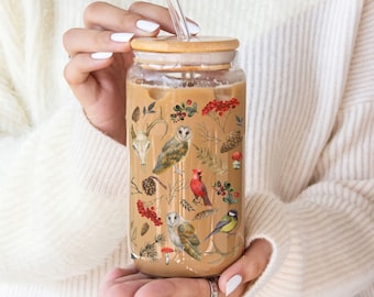 Winter Woodland Tumbler Glass, Witchy Gift, Iced Coffee Gift, Gothic Gift, Iced Coffee Glass, Iced Coffee Cup, Nature Lover Gift, 16 oz Cup