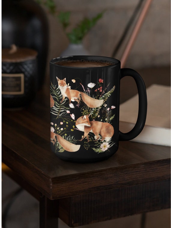 Fox Coffee Mug, Botanical Coffee Cup, Wildflowers Mug, Coffee Cup for Women, Woodland Decor, Gardening Gift, Fox Coffee Cup