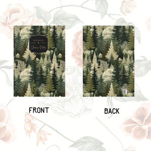May include: A notebook with a forest design. The front cover features a dark green background with a pattern of trees in various shades of green and white. The text "Notebook" and "Charis Notes" are in a black frame. The back cover has the same forest pattern.