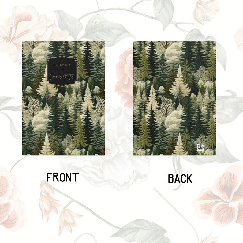 May include: A notebook with a forest design. The front cover features a dark green background with a pattern of trees in various shades of green and white. The text "Notebook" and "Charis Notes" are in a black frame. The back cover has the same forest pattern.