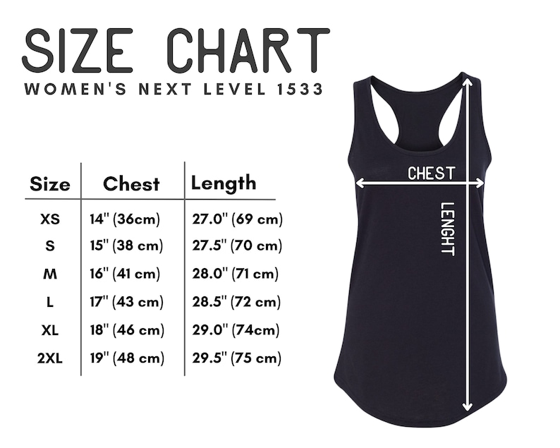 Op de afbeelding: Maattabel voor een dames tanktop, met de maten in inches en centimeters voor de borst en lengte. De maten omvatten XS, S, M, L, XL en 2XL.