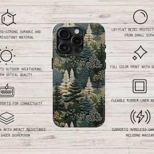 May include: A green, blue, and white phone case with a forest print. The case is made of durable, impact-resistant material and has a lay-flat bezel to protect the screen from scratches. It also features a flexible rubber liner to absorb shock and supports wireless charging.