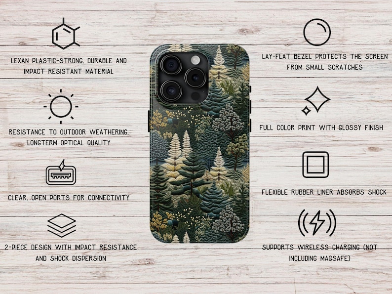 May include: A green, blue, and white phone case with a forest print. The case is made of durable, impact-resistant material and has a lay-flat bezel to protect the screen from scratches. It also features a flexible rubber liner to absorb shock and supports wireless charging.