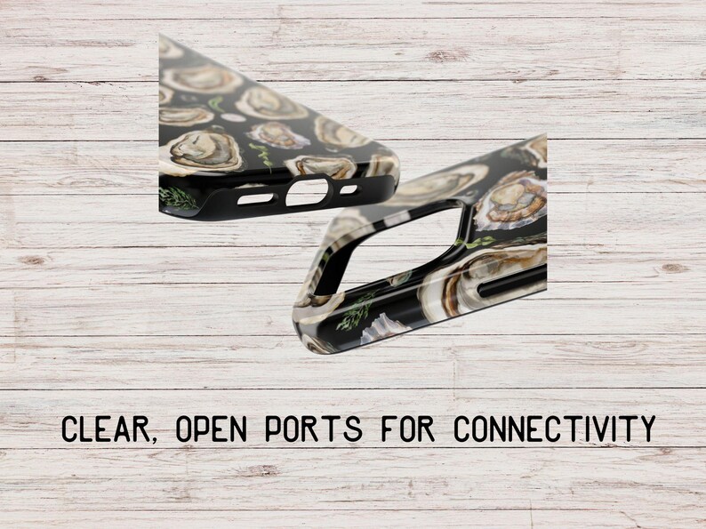 May include: Two phone cases with a black background and a pattern of oyster shells. The cases have open ports for connectivity.